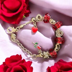 Handmade Elegant Red and Gold Charm Bracelet